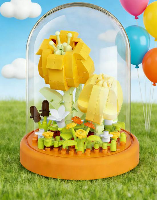 Children's DIY Rose Bouquet Building Blocks Set with Dust Cover - Creative and Educational Toy Ornament