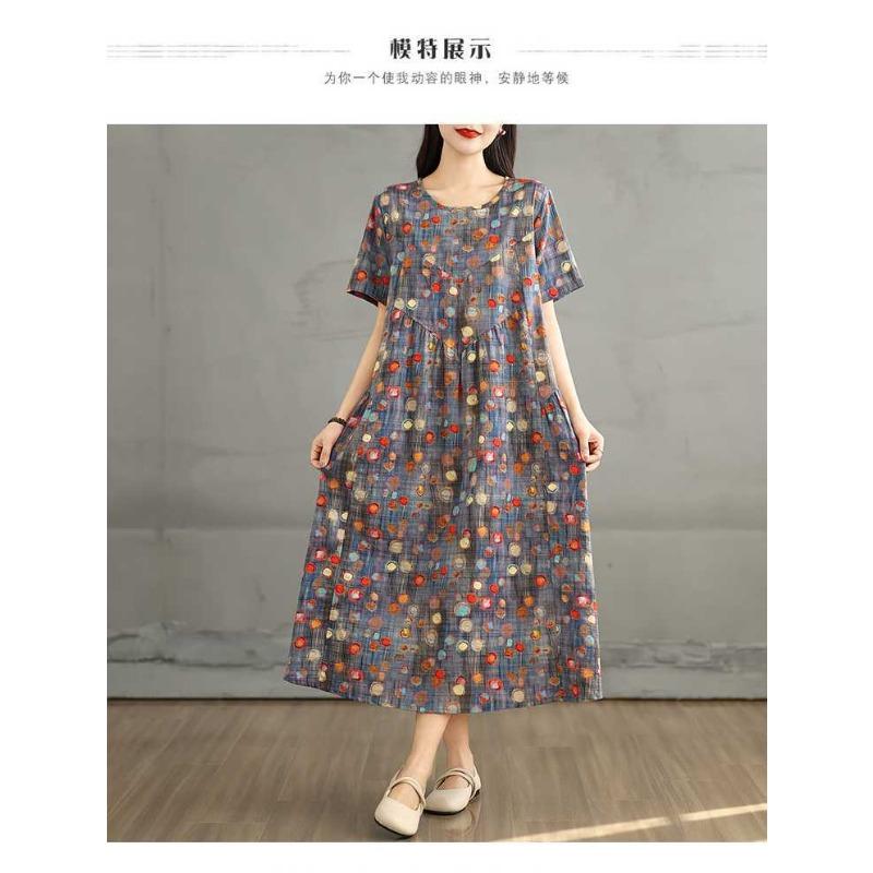 Summer New Retro Round Neck Flower Pocket Short Sleeve Dresses for Women