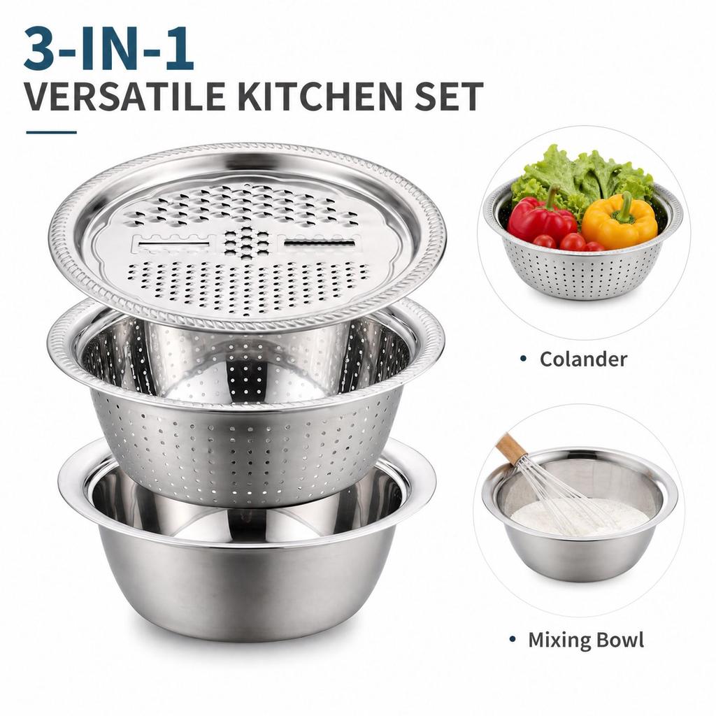 Multifunctional Thickened Stainless Set with Colander and Grater, 3-Piece Kitchen Bowl Set for Washing Vegetables and Rice