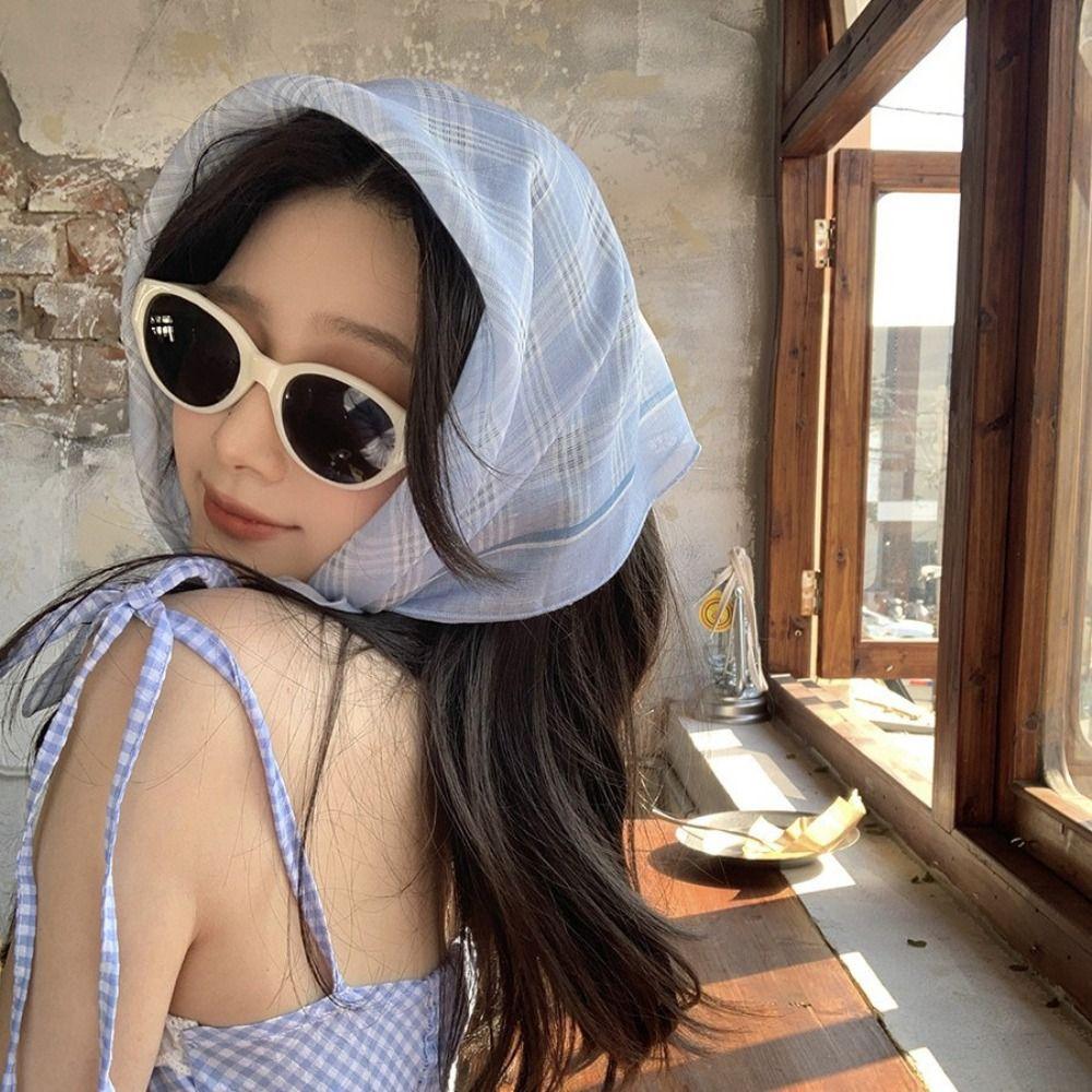 Lattice Summer Triangle Headscarf Silk Women Hair Band Cute Fresh Floral Headband Girls