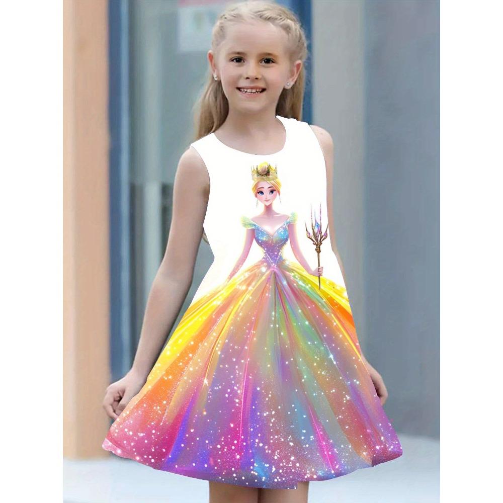 Robe débardeur sans manches à col rond pour fille Style sirène mignonne et élégante Motif d'impression numérique 3D Robe d'été polyvalente mini pour enfant