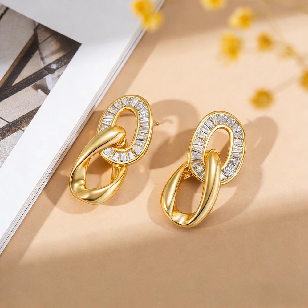 Elegant Geometric Zircon-Studded Copper Earrings for Women - Light Luxury & High-End Fashion