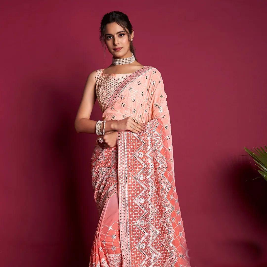 Luxury Partywear Embroidery Work Saree – Heavy Designer Sequence Glow Edition персиковый