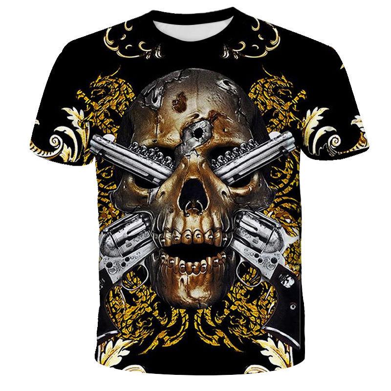 Totenkopf Digitaldruck Sommer Locker Lässig 3D Rundhals Kurzarm T-Shirts Herren