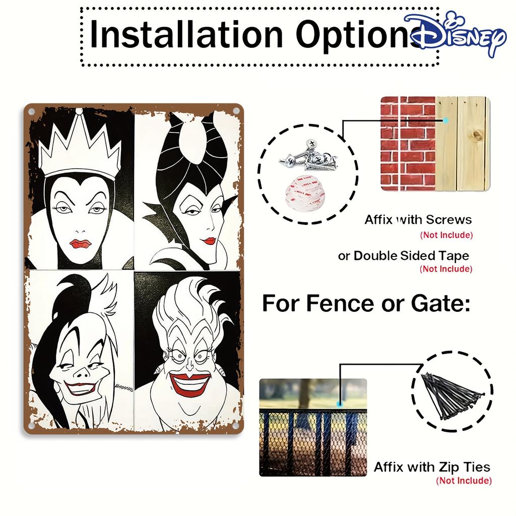 1pc Vintage Disney Villains Metal Tin Sign - 8x12 Inch, Rustic Wall Art Decor for Fans, Featuring Maleficent, Jafar, Ursula & Cr