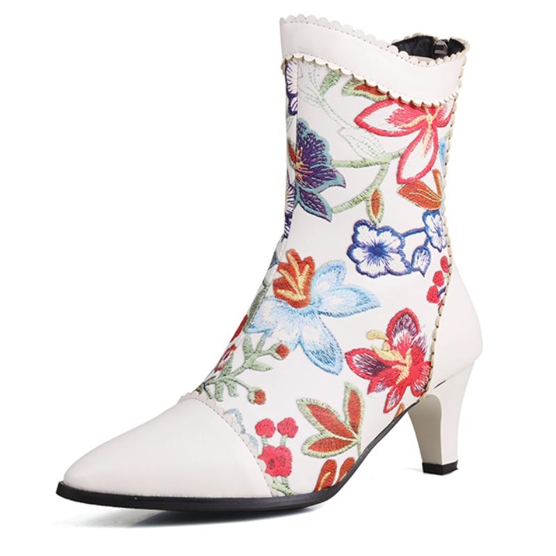 Autumn Spring Mid-calf Boots Women 2025 Fashion Flower White Black Short Boot Ladies Elegant Heels Point Party Shoes for Girls