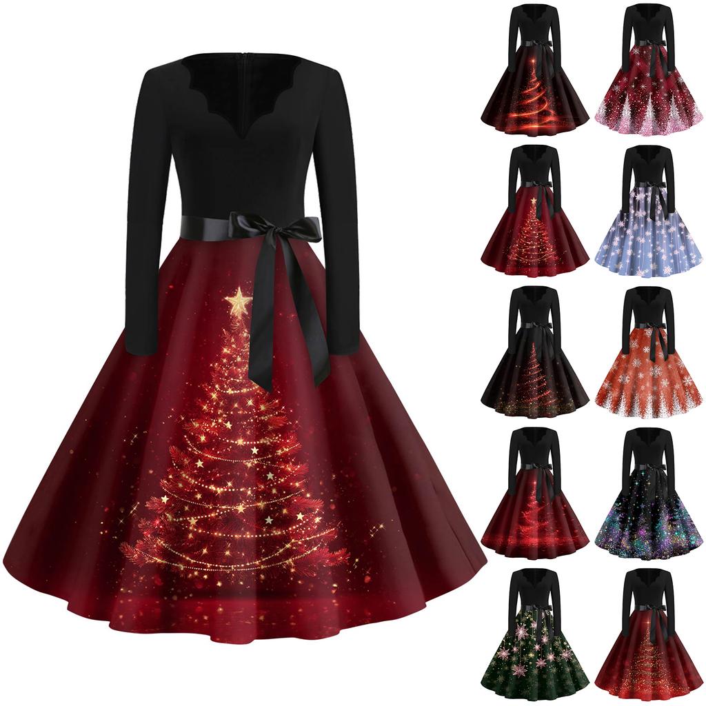 Vestido Feminino Moda Decote V Ajuste Relaxado Estampa de Natal Manga Longa