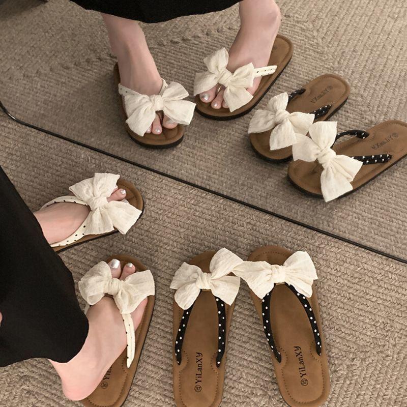 Women's Slippers and Ladies Sandals with Bow on Beach Shoes Flat Flip Flops Slides Summer 2025 Sale Luxury Elegant Fashionable