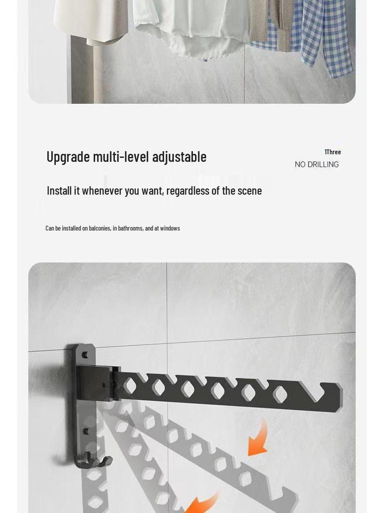 Wall-Mounted Telescopic Clothes Drying Rack - Punch-Free, Folding Design for Bathroom or Balcony
