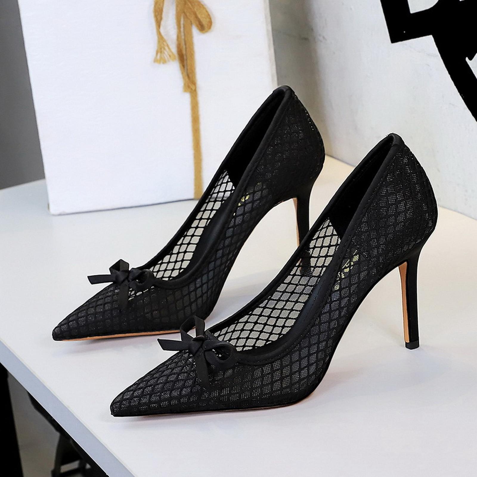 Women s Bow Mesh Lace Pointed Toe - Stiletto Pumps 39