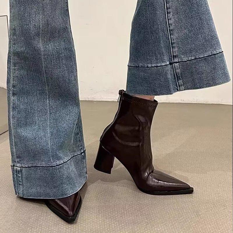 Skinny and heightened retro year-old thin boots pointed head thick heel Ji British style high heel short boots