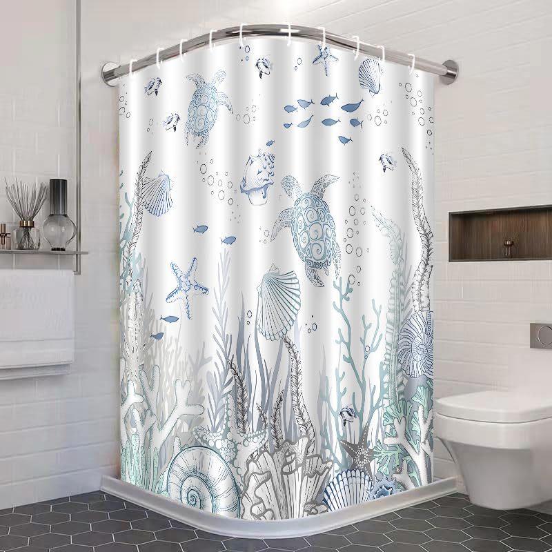 Coastal Turtle Shower Curtain Fish Coral Starfish Shell Blue Ocean Beach Waterproof Polyester Fabric Bathroom Curtains