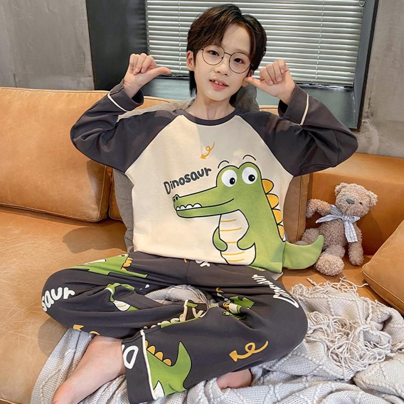 100% Combed Cotton Boys Pajama Set Long Sleeve Cartoon Print Sleepwear Teens 8 Years Lightweight Home Wear