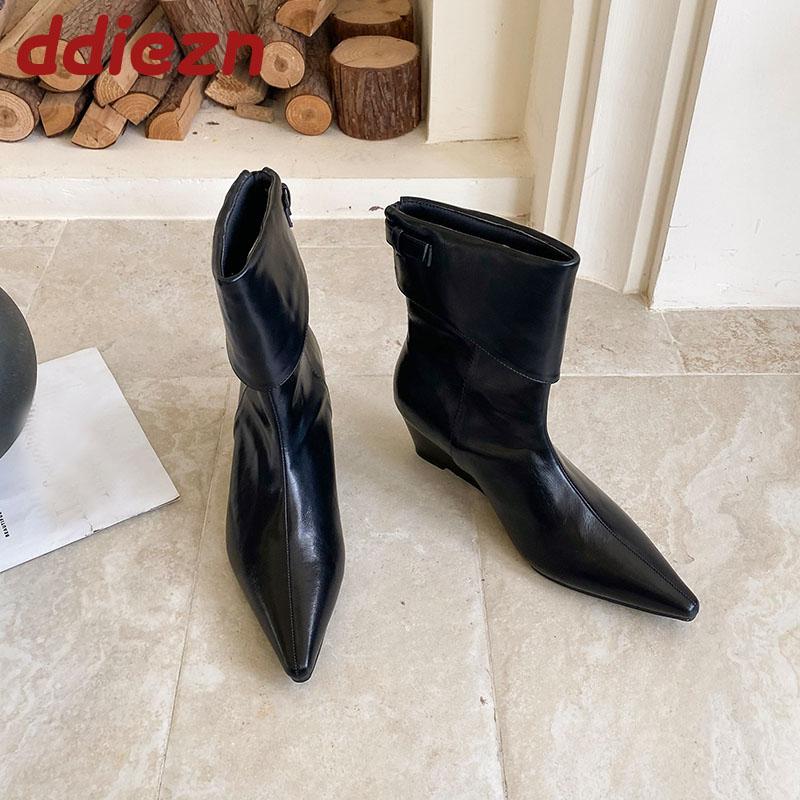 Fashion Fashion Pointed Toe Women Ankle Boots With Wedges Shoes Slip On Footwear Ladies Short Modern Boots Female Wedges Shoes