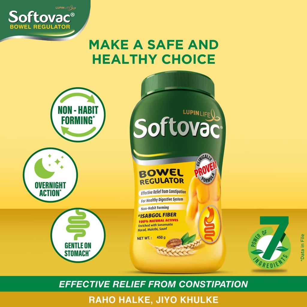Softovac Isabgol Bowel Regulator Powder 450g – Gentle Stool Softener, Psyllium Husk Fiber, Relieves Bloating, Supports Digestive, Non-Habit Forming