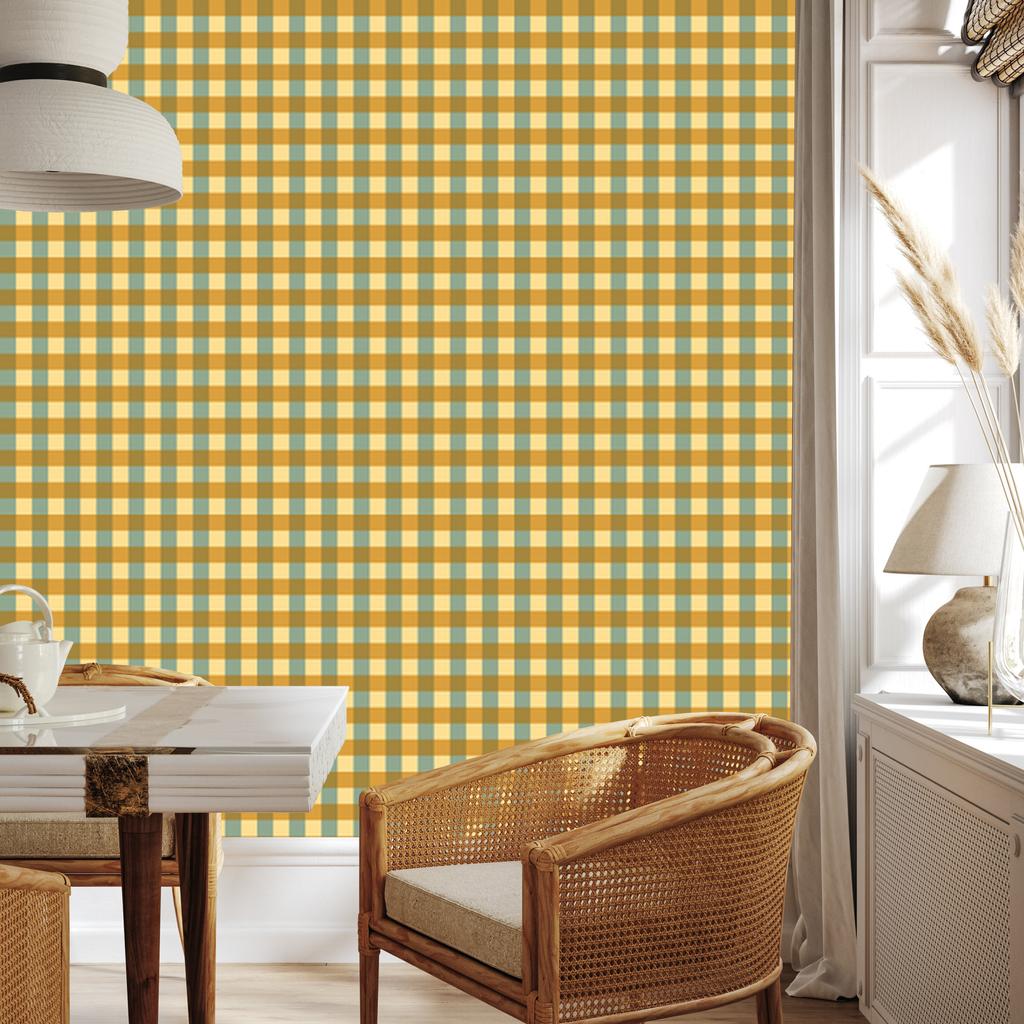 Yellow and Blue Checkered Wallpaper, Gold and Cream, for Living Room and Bedroom, 50x1000