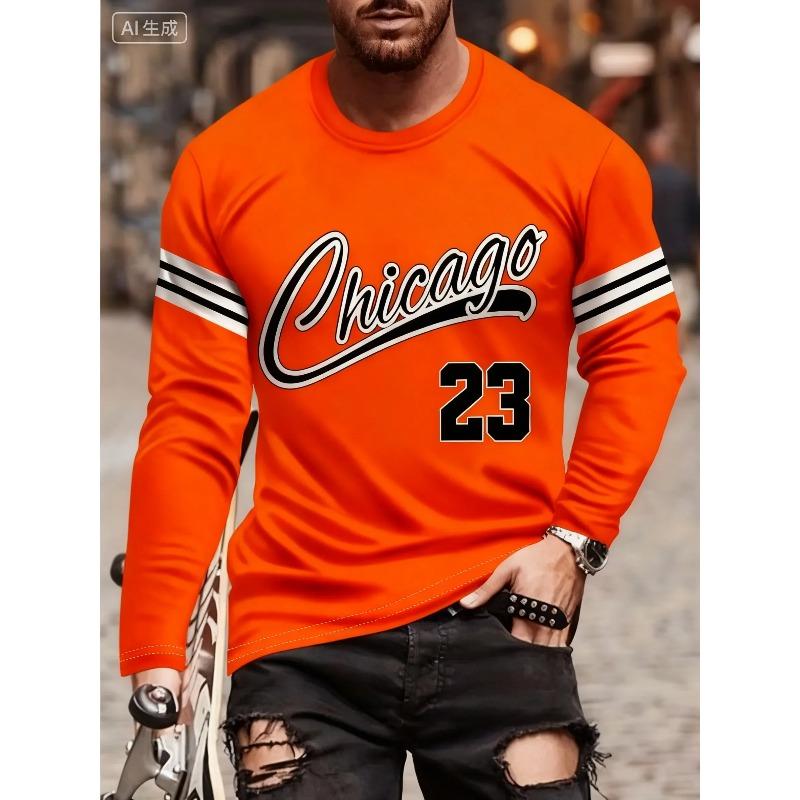 Men's 3D  "Chicago 23" Printed Long Sleeved Sports T-shirts Round Neck Breathable Perfect for Casual Wear Daily T-shirts