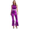 Glänzender Metallic 70er Disco Jumpsuit für Damen S-3XL - Ärmellos Hohe Taille Schlaghose mit Reverskragen Tanzkostüm