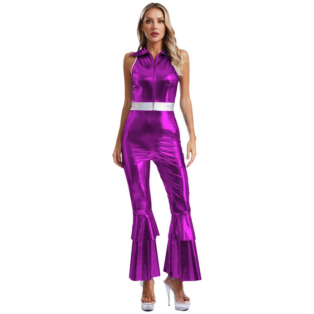 Women 70s Disco Costume Jumpsuit S-3XL - Shiny Metallic Lapel Collar Sleeveless High Waist Flared Disco Dance Singer Outfit