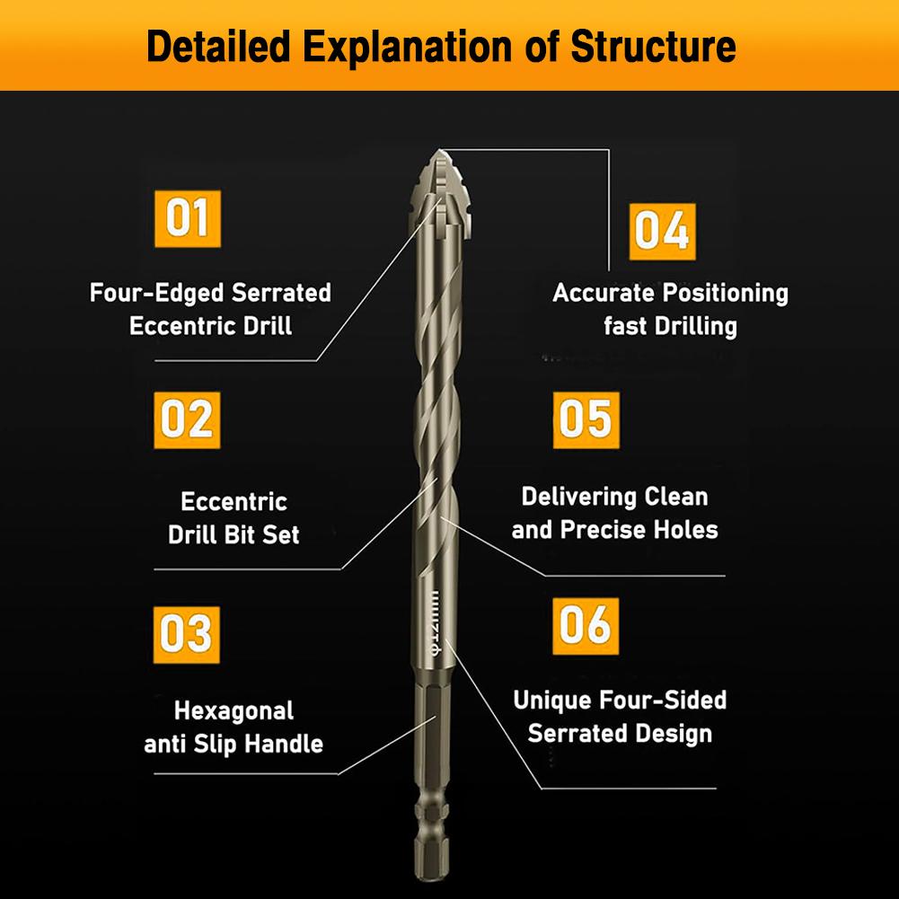 6PCS 4-Blade Saw Tooth Eccentric Drill Bit 4/5/6/8/10/12mm Alloy Drill Bit Four-Edge Serrated Drill Bits for Glass/Tile/Concrete