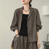 Retro Striped Plus Size Open Cardigan Jacket Wide Leg Harlan Pants Two Piece Set Spring Autumn Cotton Casual Wear