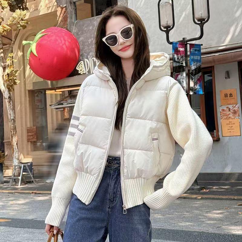 Design sense solid color knitted splicing hooded cotton clothes women's winter new small warm short padded jacket