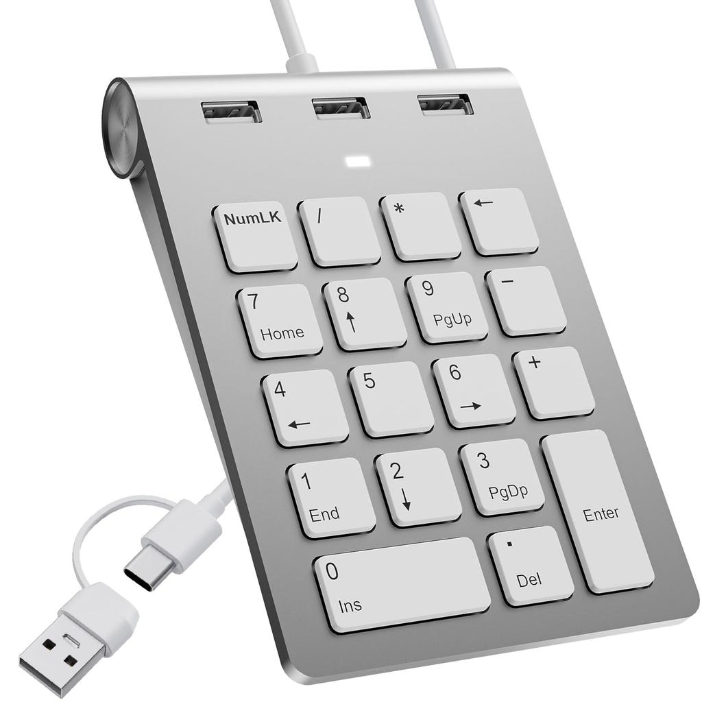 18-Key Slim Wired Numeric Keypad with USB AType-C Ergonomic Mini Keyboard with 3 USB 2.0 Ports, 18 Keys, Office Calculation Keypad, One-Handed Device