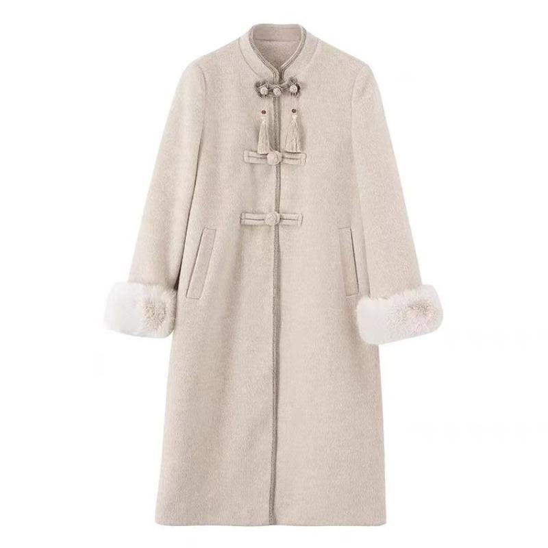 Autumn and Winter New Women's Elegant Slim-looking Vertical Collar Traditional Style Wool Coat with Knee Buckle