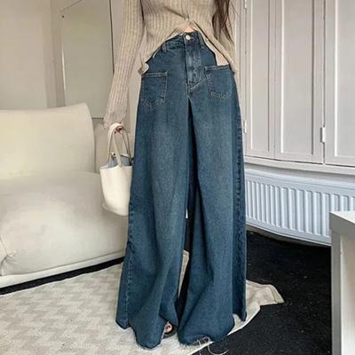 Gevşek Tasarım, Retro Yüksek Bel Kot Pantolon, Kadın Zayıflama ve Sarkma Hissi, Geniş Paça Paspas Pantolon