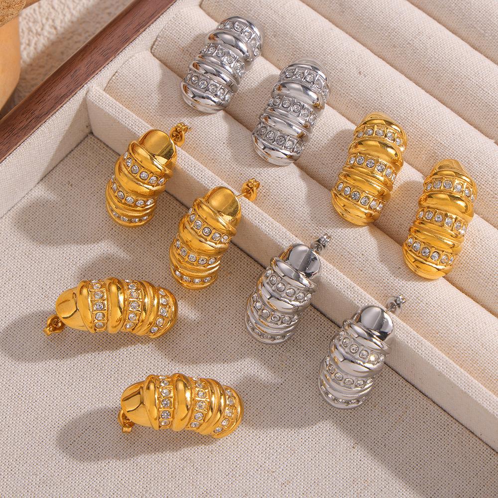 New Temperament Bread Texture Design Earrings, Personalized Creativity, Diamond-Set Titanium Steel-Plated 18K Gold Earrings