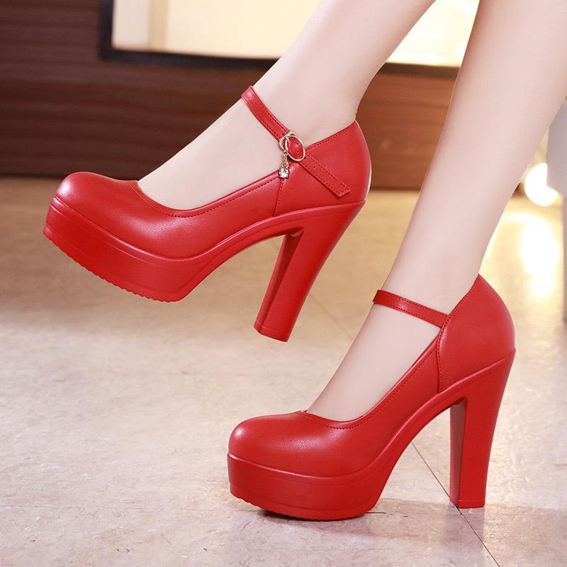 Size 32-43 Women High Heel Shoes Round Toe Thick Heel Wedding Party Shoes Platform Women Pumps Women Offfice Shoes 8cm/10cm/12cm