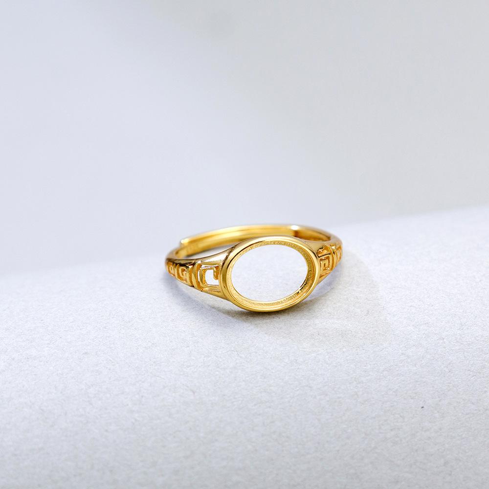 S925 Sterling Silver Gold-Plated Adjustable Oval Ring, Unset and Handmade, Light Luxury Fashion, Exquisite Design, 7*9.