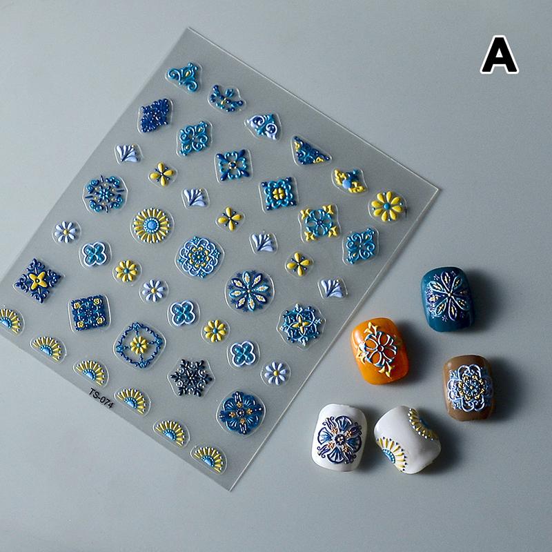 Bohemia Nail Art Stickers 5D Bohemia Nail Sticker Decal Abstract Design Retro Blue Yellow Flower Self Adhesive Nail Supplies