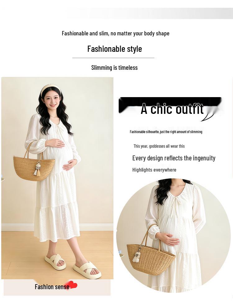 Spring 2026 Korean Maternity Fashion: Simple, Loose-Fit, Embroidered Long-Sleeve Dress, Plus Size