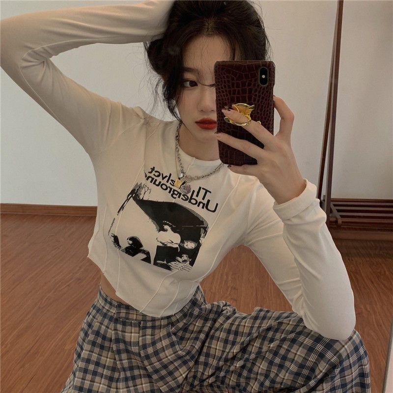 Sexy Women T-shirts Printed Long Sleeve Girls Y2K Tees Street Wear Fashion Casual Tops