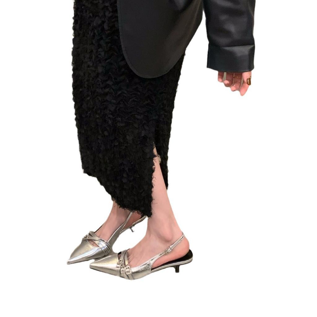Spring and autumn 2024 new belt buckle pointed stiletto sandals empty single shoes Korean version of versatile high heels