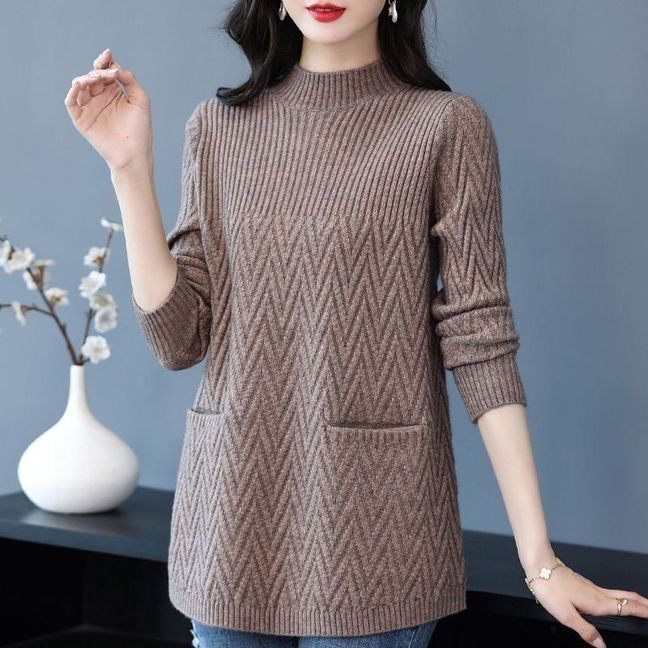 Women's Loose Mid-length Sweater Autumn Winter Thickened crew neck Solid Color Sweater with Pockets