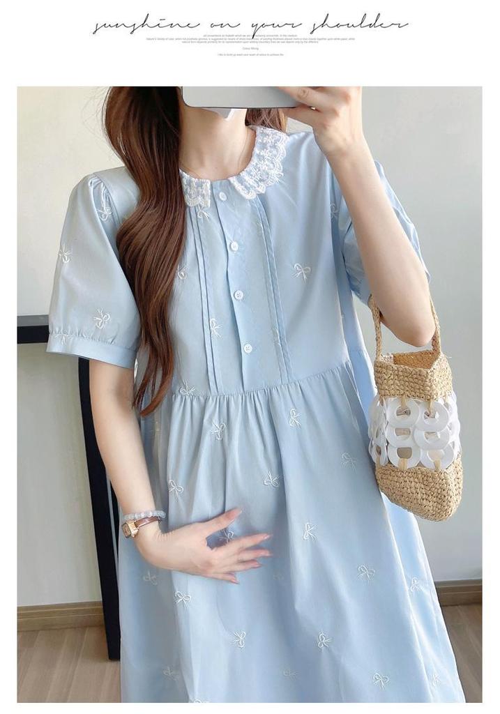 Summer 2026 Maternity Dress with Butterfly Embroidery and Lace Trim