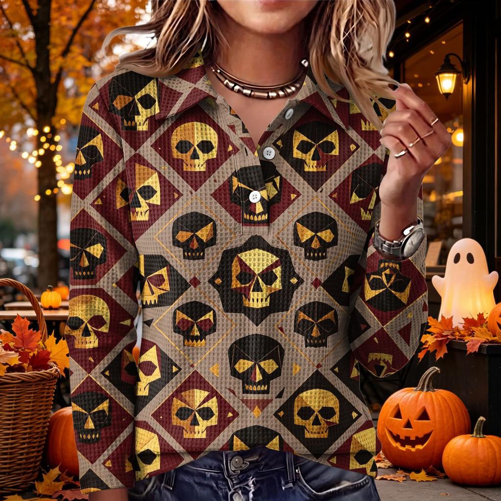 Women's Casual Long Sleeve Knit Top with Halloween Print and Lapel Collar