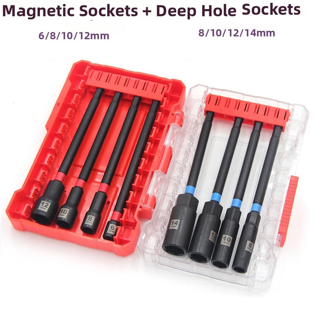 8PCS Magnetic Socket Set 150mm Extended Length for Hex Shank Drills Fits 6 8 10 12 14mm Fasteners Deep Hole Use