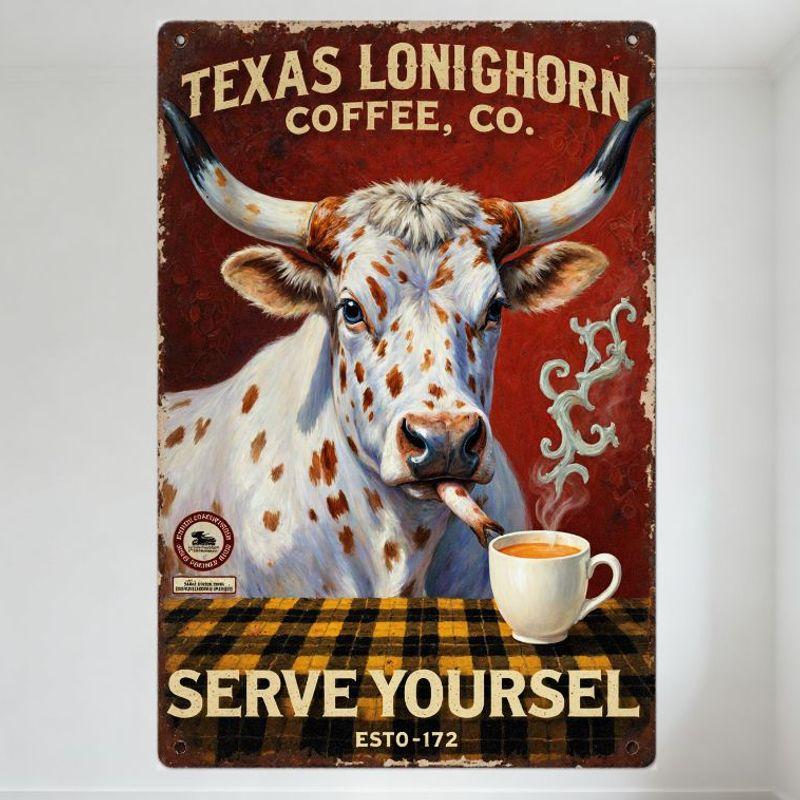 

Vintage Texas Longhorn Coffee Co. Metal Tin Sign, Realistic Cow with Cigar, Hot Coffee Cup, Retro Red & Checkered Pattern, Serve 20x30cm（7.8x11.8inch）