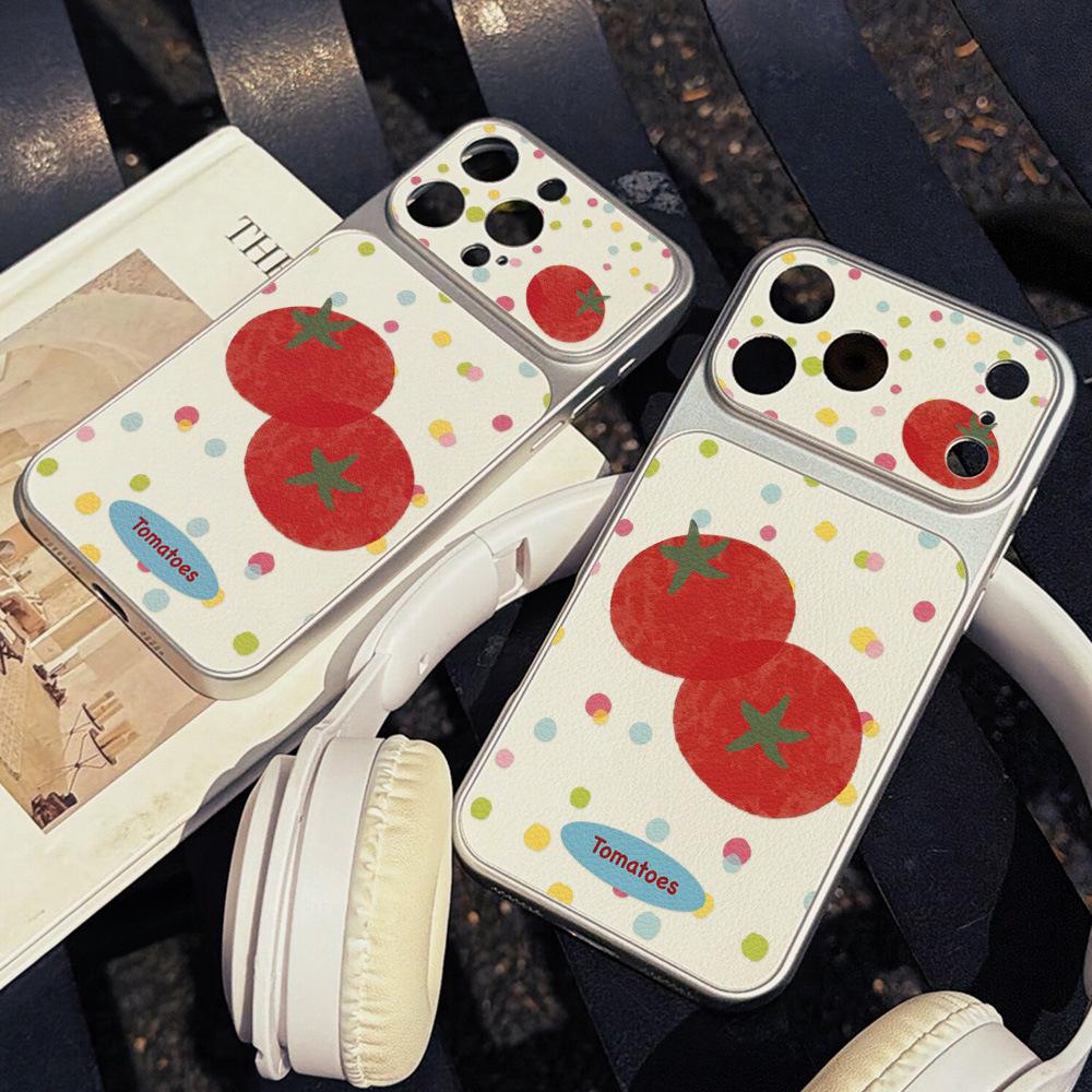 Japan und Südkorea einfache Nische farbige gepunktete Tomaten geeignet für Apple 17promax Handyhülle großes Fenster Lammleder