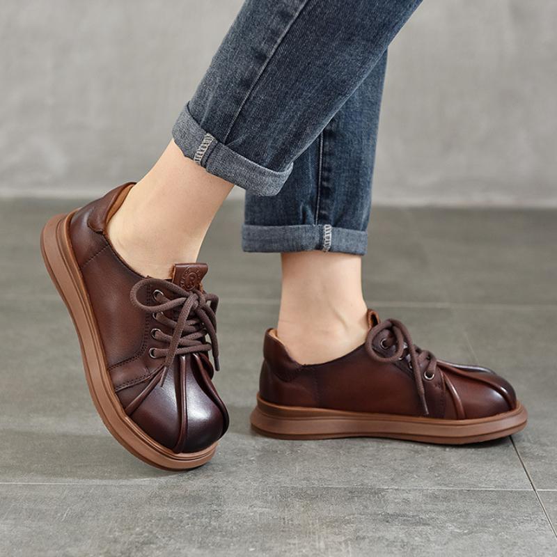 Johnature Flache Retro-Schuhe aus echtem Leder mit runder Spitze, einfarbig, vielseitige Schnür-Damenschuhe