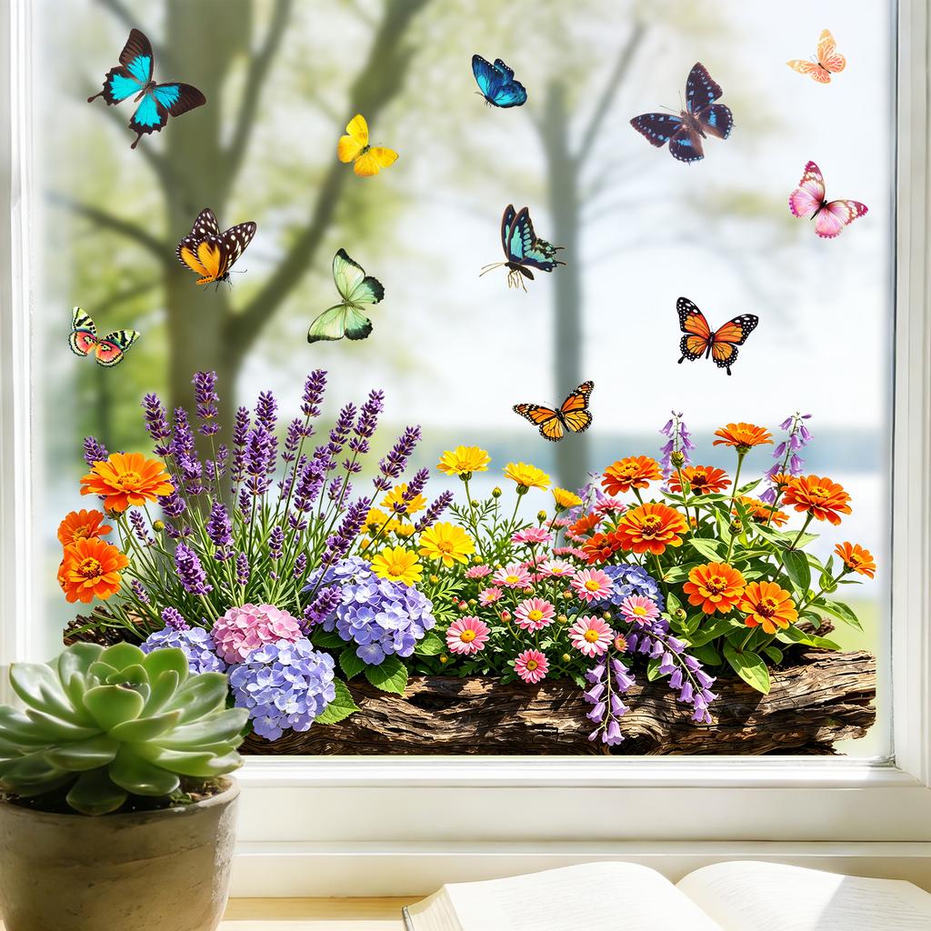 Spring Garden Flower and Butterfly Combination Window Decal No Adhesive, Removable for Bedroom Decorating Stickers