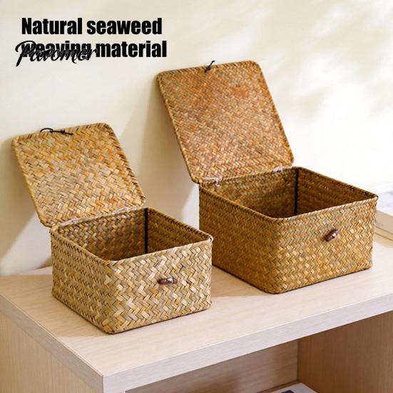 Organizzatori Intrecciati per Oggetti Vari Scatola Portaoggetti in Erba Marina Intrecciata con Coperchio Ribaltabile, Cesti Rustici Antipolvere con Coperchio Contenitore Salvaspazio Scaffali