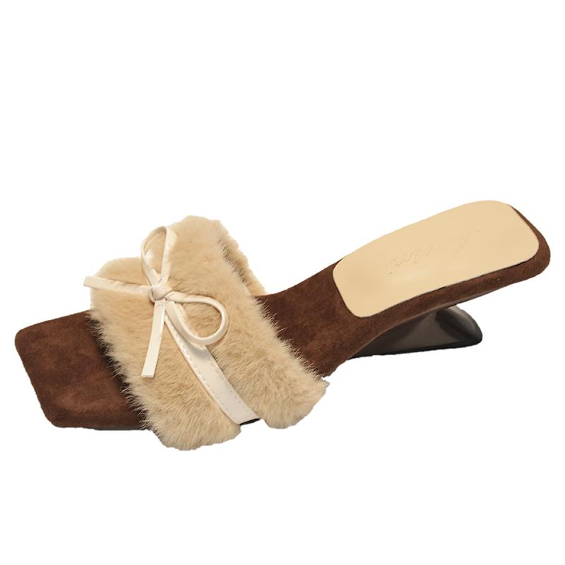 Fashion Bow Fluffy Slippers Autumn New Square Toe Open Toe Shaped Heel Kitten Shoes