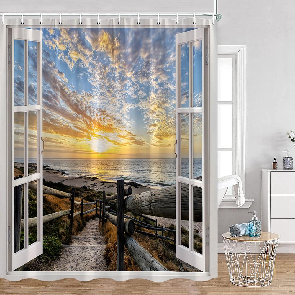 Coastal Shower Curtain Open Window View Of The Sky Clouds Rising Sun Seascape Grass Morning Scenery Bathroom Decor Set With Hook