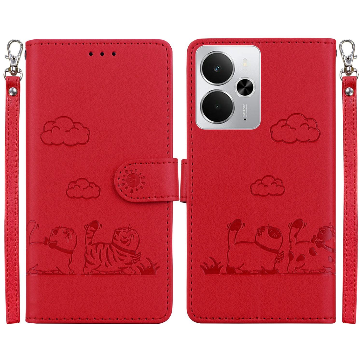 

For Realme 14 5G Case RFID Blocking Kitten Pattern TPU+PU Leather Phone Cover Red