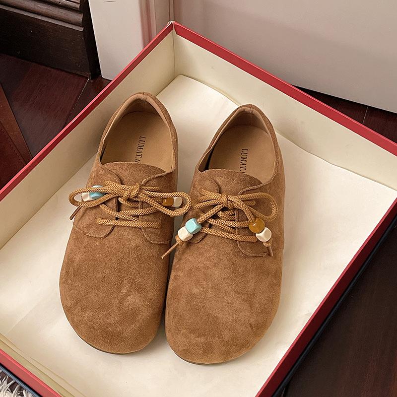Fashionable and Versatile Soft Leather Beads Decorated Women's Thick Bottom Heightening Soft Elastic Non-slip Shock-absorbing Non-fatigue Sports Shoes