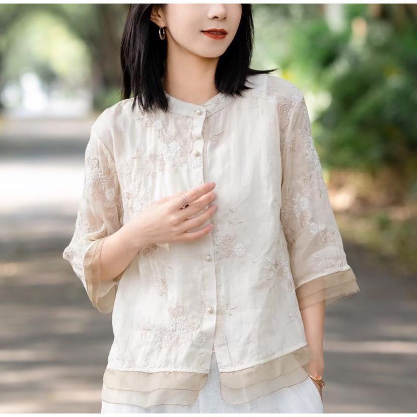Summer literary and retro embroidered cotton and linen top seven-quarter sleeve ethnic style splicing shirt women's temperament
